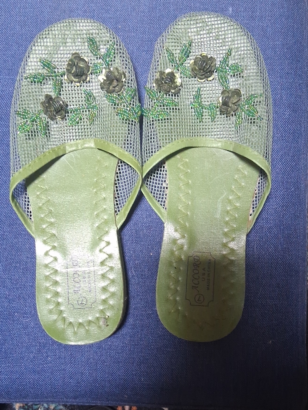 Green Floral Beaded Slip-On Women’s Slippers